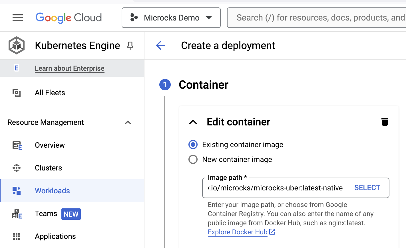 A screenshot showing Google Cloud's Kubernetes Engine section, on the Create a deployment page